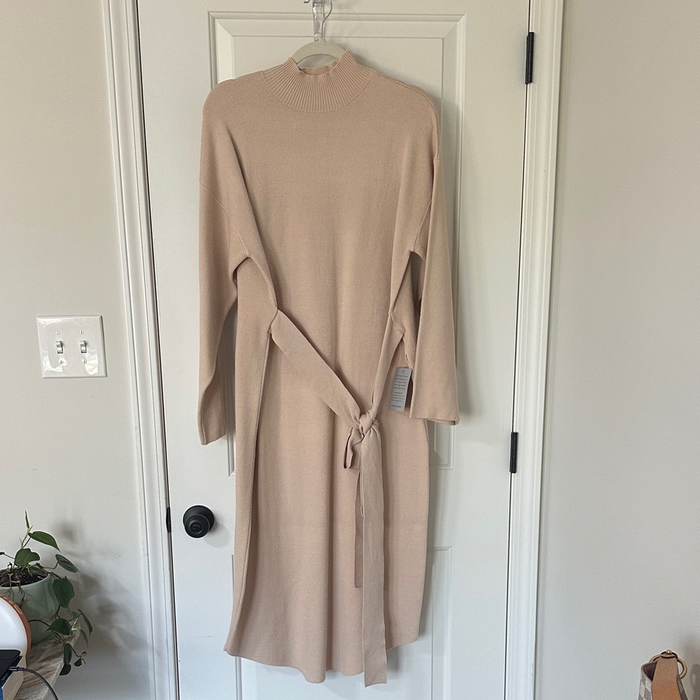 High Neck Tie Belt Sweater Dress